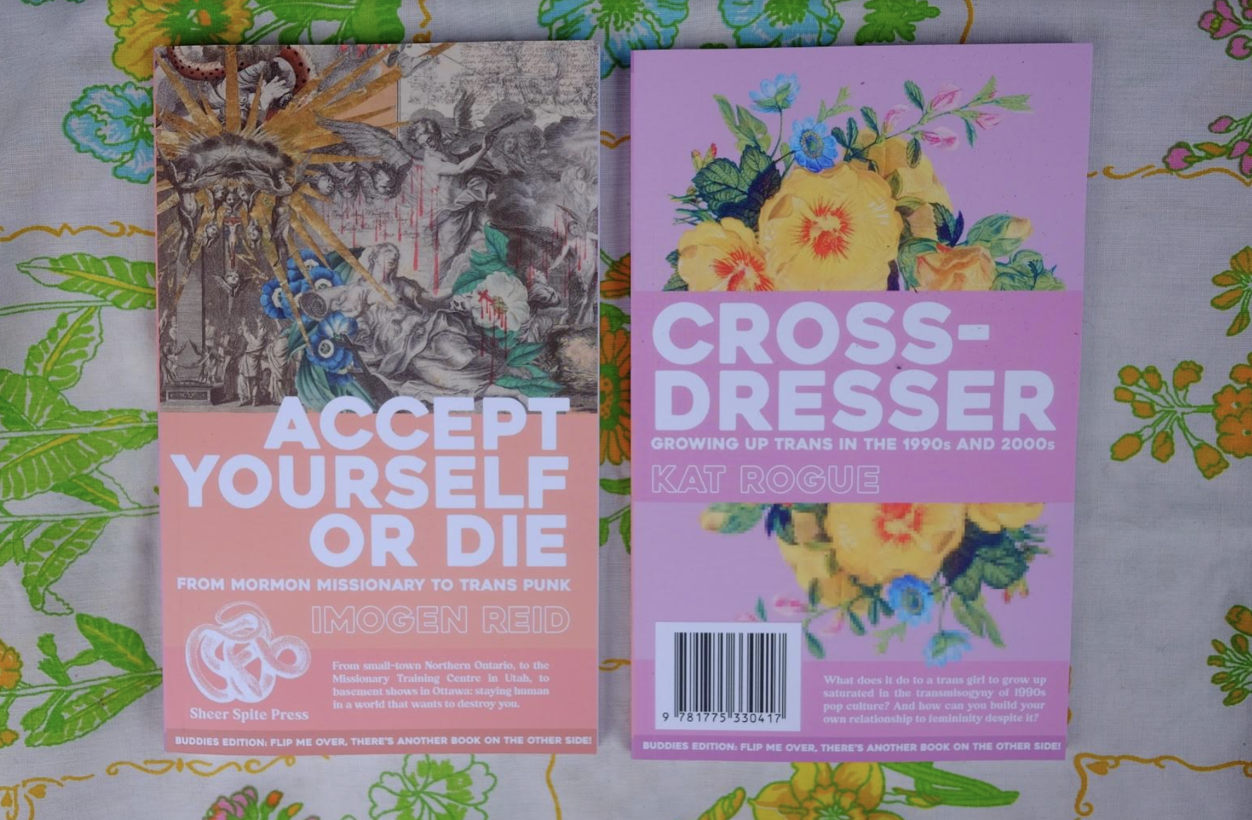 Accept Yourself or Die has a cover image that is a collage of religious imagery and drops of blood. Crossdresser's cover image is a bouquet of flowers, half of which is pixellated.