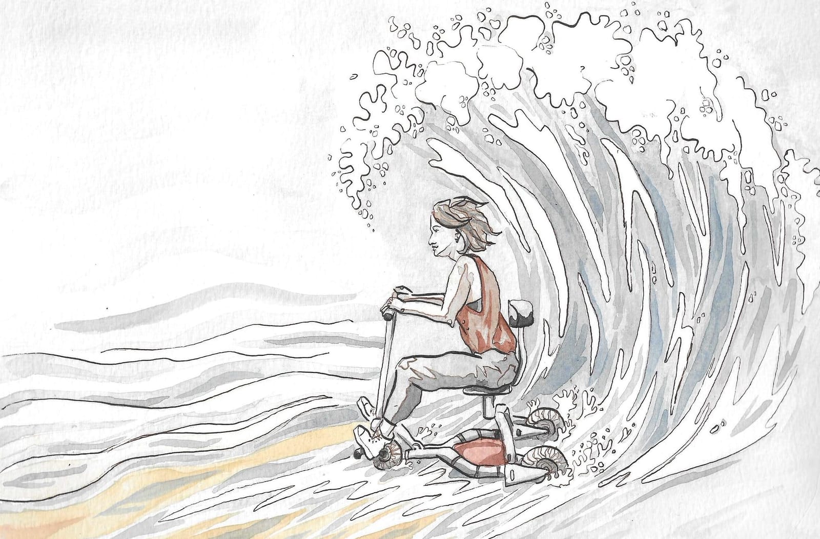 Illustration of Celestine, a white woman with short hair, riding a three-wheeled mobility scooter through an ocean wave.