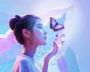 Side profile portrait of a young Asian woman, hair tied back in a loose bun. A large purple butterfly hovers above.